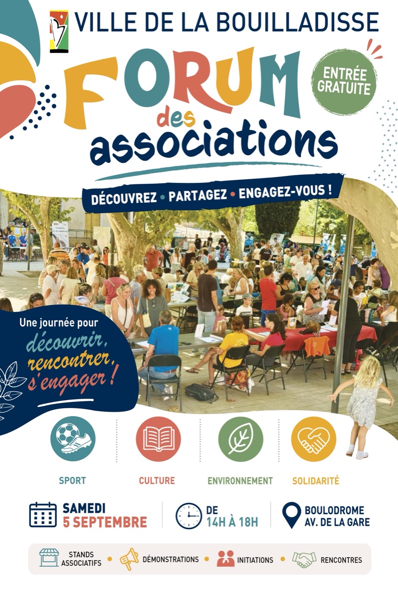 Affiche du forum des associations 2026 : samedi 5 septembre de 14h à 18h au boulodrome, avenue de la Gare, entrée gratuite