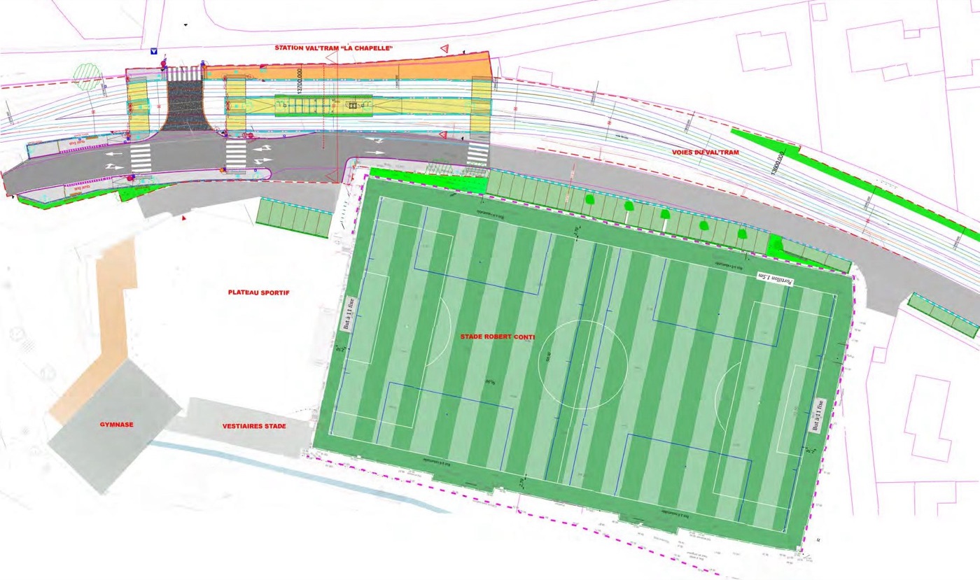 Plan d'aménagement : station Val'Tram La Chapelle au nord, voies du Val'Tram, stade Robert Conti, plateau sportif, gymnase et vestiaires
